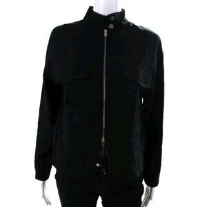 AMS Pure Women's Full Zip Cinch Waist Jacket Dark Blue Size 4 Pockets Unlined